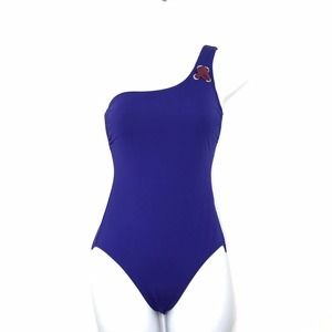 Zeki Women's 5/6 One Piece Swimsuit One Shoulder Boned Metal Eyelets Blue AL24